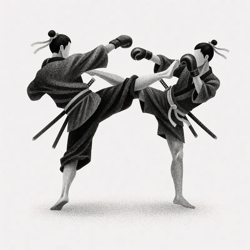 Krea 2 example: two samurais in flowing robes doing a muay thai fight, one throws a high kick while the other leans back. Monochrome sti