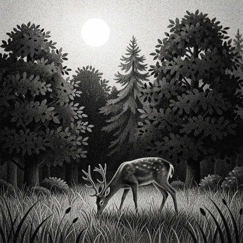 Krea 2 example: A deer grazing in the forest surrounded by dense trees and the sun bright in the sky. Monochrome stippling style