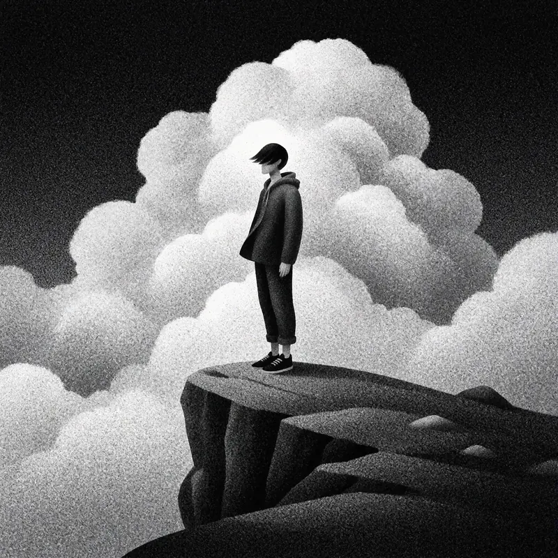 Krea 2 example: A solitary figure stands on a cliff, billowing clouds behind him. Monochrome stippling style