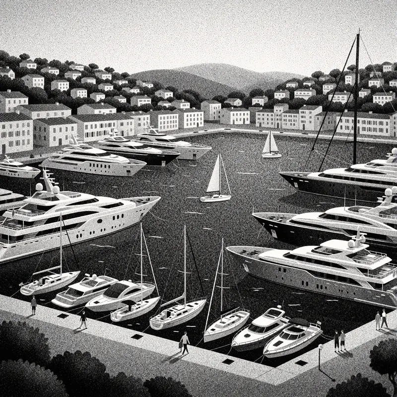 Krea 2 example: the port of antibes in the french riviera, large yachts and small sailboats are visible. Monochrome stippling style