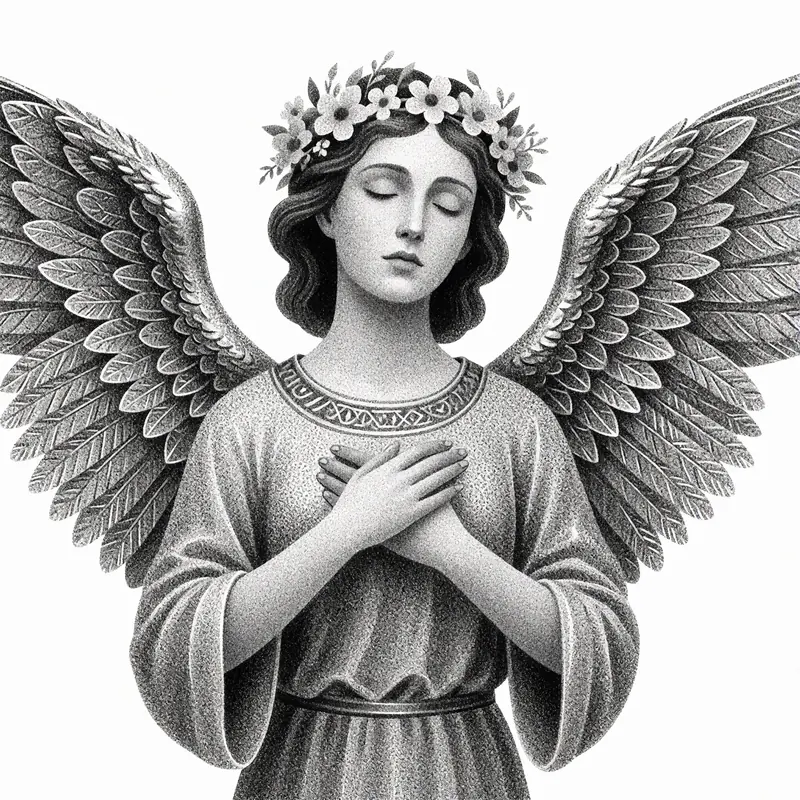 Krea 2 example: an angel with metallic wings and a crown of flowers. Monochrome stippling style