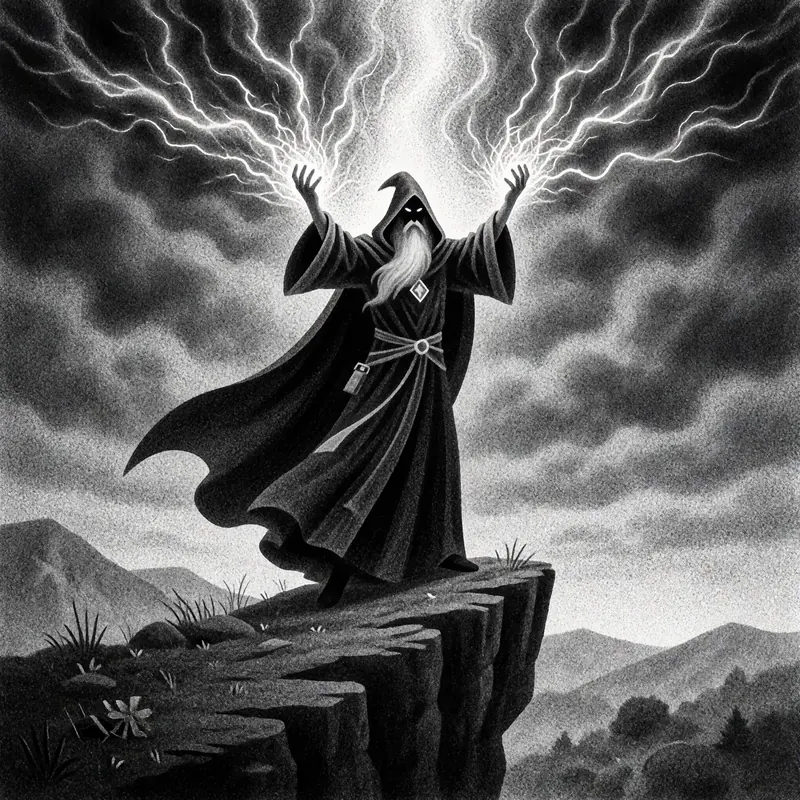 Krea 2 example: A sorcerer in flowing midnight robes stands atop a cliff edge, arms raised as crackling energy gathers between his palms