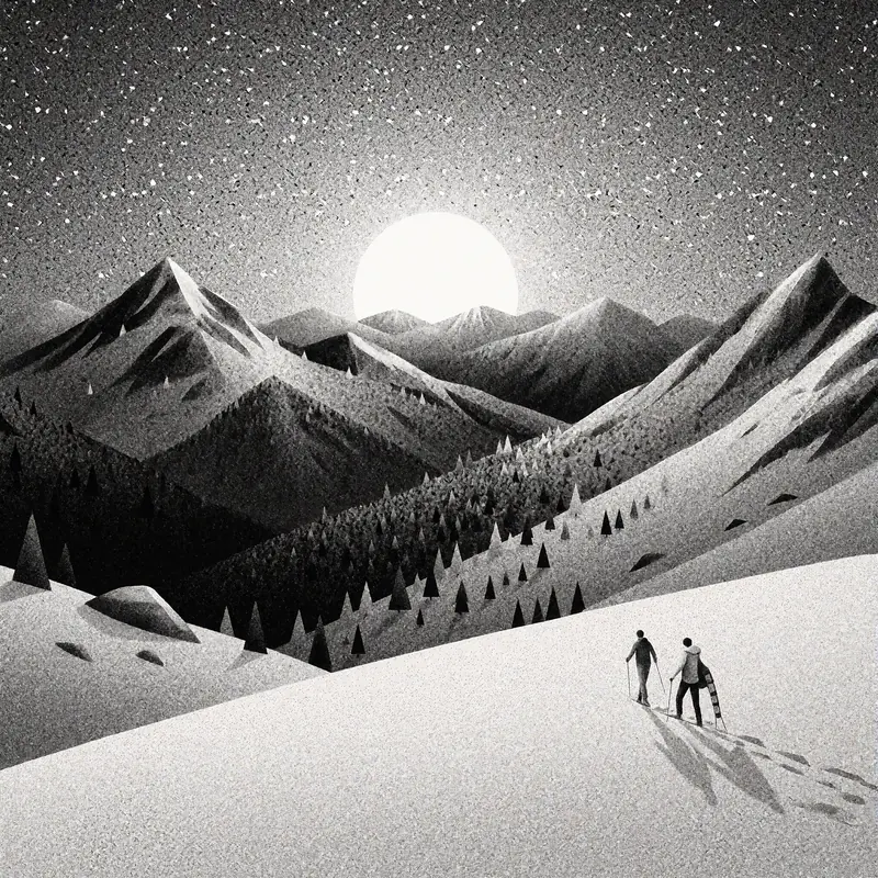 Krea 2 example: A sunset over snowy mountains. Monochrome stippling style