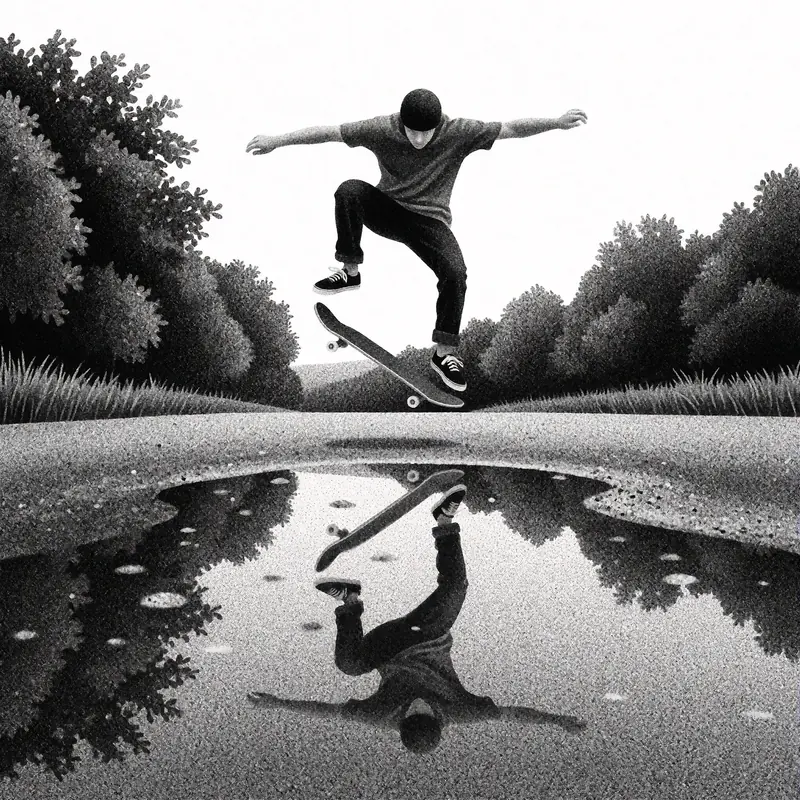 Krea 2 example: A skateboarder doing a kickflip, a puddle reflects the skateboarder. Monochrome stippling style