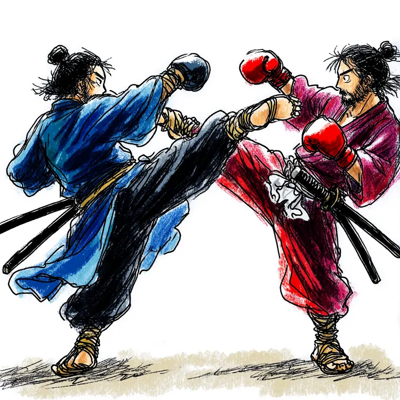 Krea 2 example: two samurais in flowing robes doing a muay thai fight, one throws a high kick while the other leans back. naive expressi