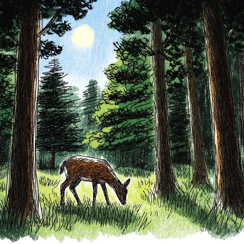 Krea 2 example: A deer grazing in the forest surrounded by dense trees and the sun bright in the sky. naive expressive sketch style