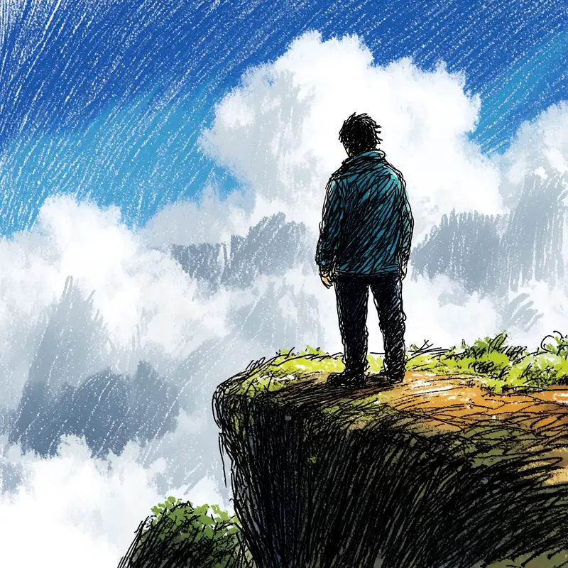 Krea 2 example: A solitary figure stands on a cliff, billowing clouds behind him. naive expressive sketch style
