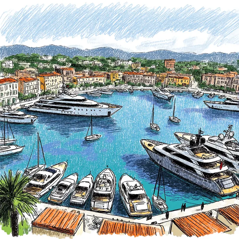 Krea 2 example: the port of antibes in the french riviera, large yachts and small sailboats are visible. naive expressive sketch style