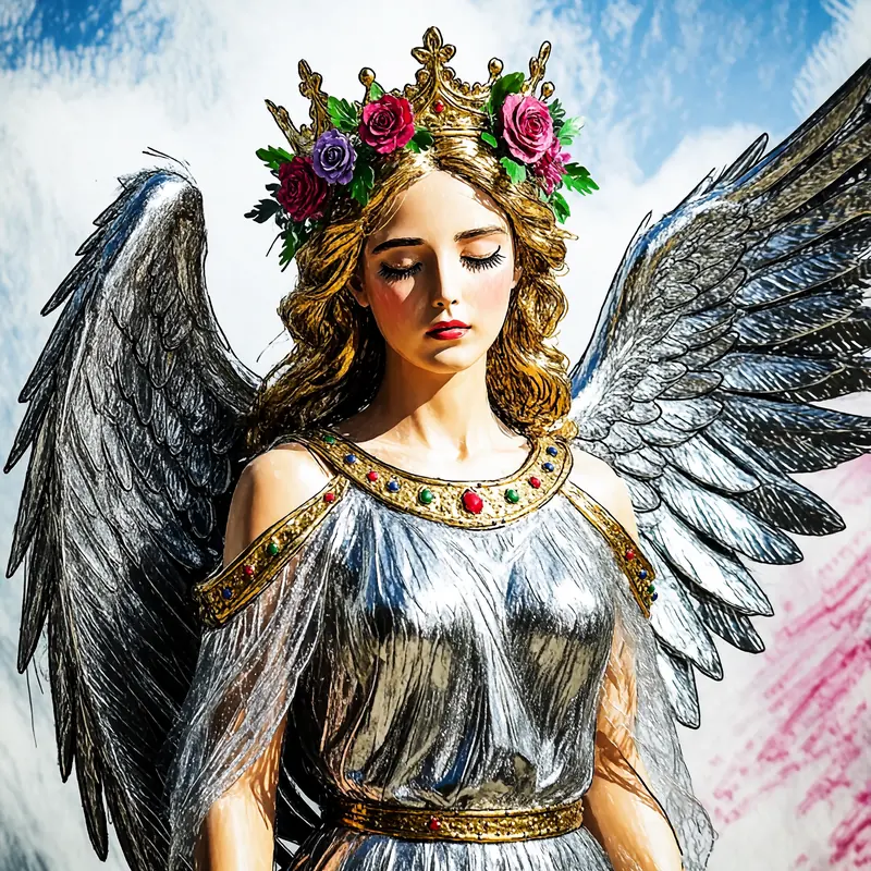 Krea 2 example: an angel with metallic wings and a crown of flowers. naive expressive sketch style