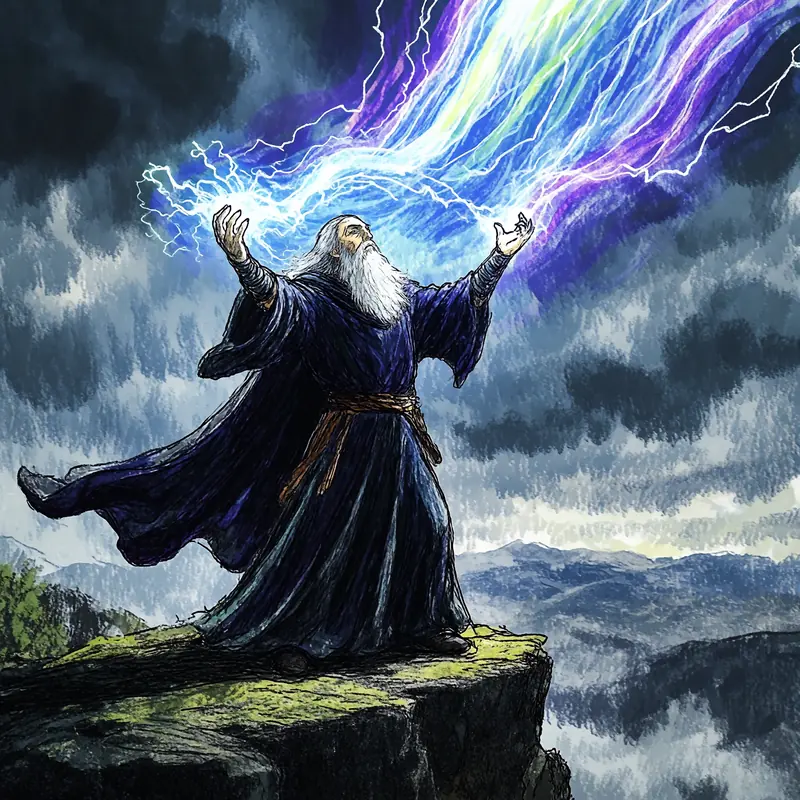 Krea 2 example: A sorcerer in flowing midnight robes stands atop a cliff edge, arms raised as crackling energy gathers between his palms