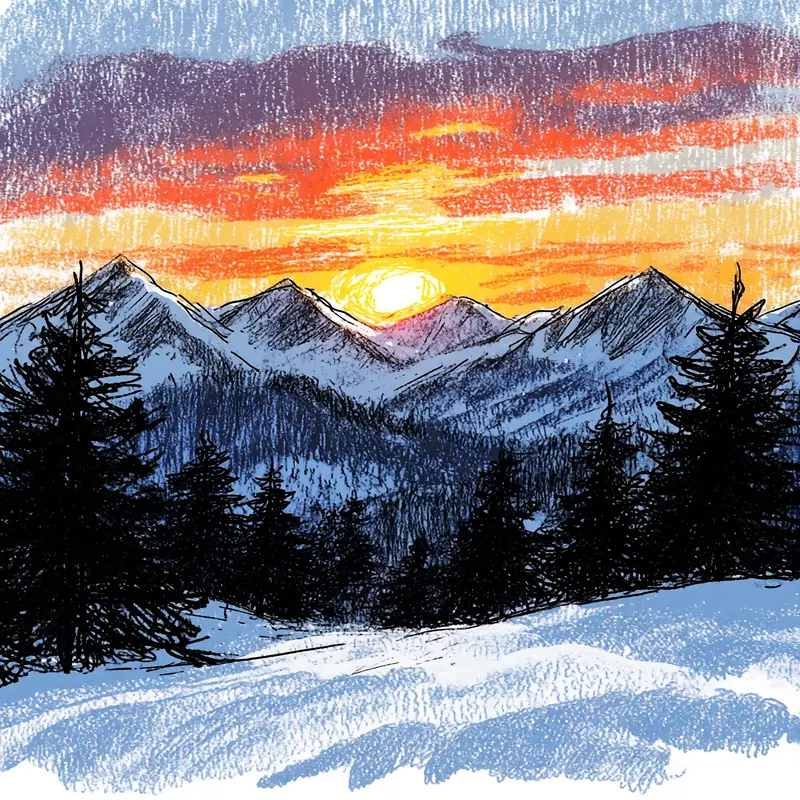 Krea 2 example: A sunset over snowy mountains. naive expressive sketch style