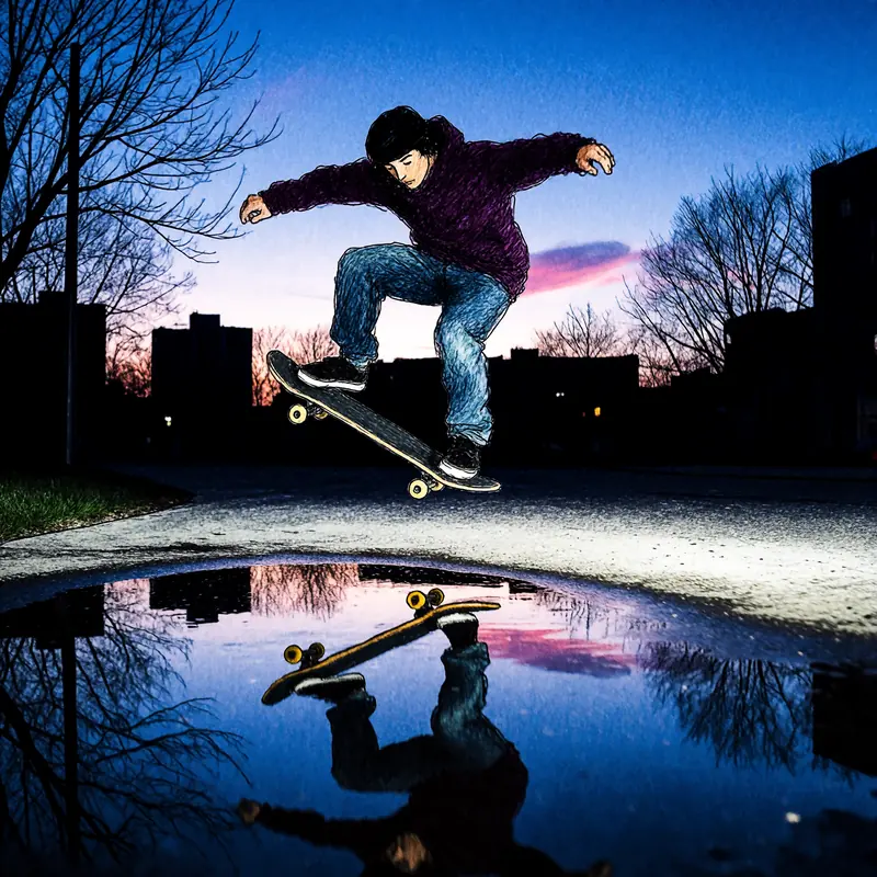 Krea 2 example: A skateboarder doing a kickflip at blue hour, a puddle reflects the skateboarder. naive expressive sketch style