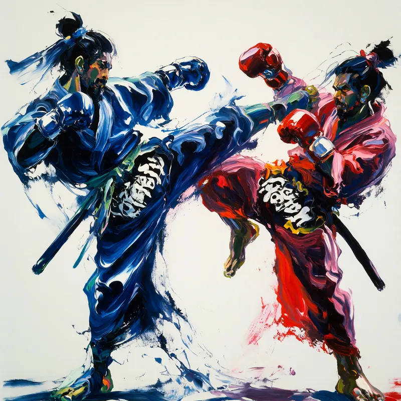 Krea 2 example: two samurais in flowing robes doing a muay thai fight, one throws a high kick while the other leans back. Textured abstr