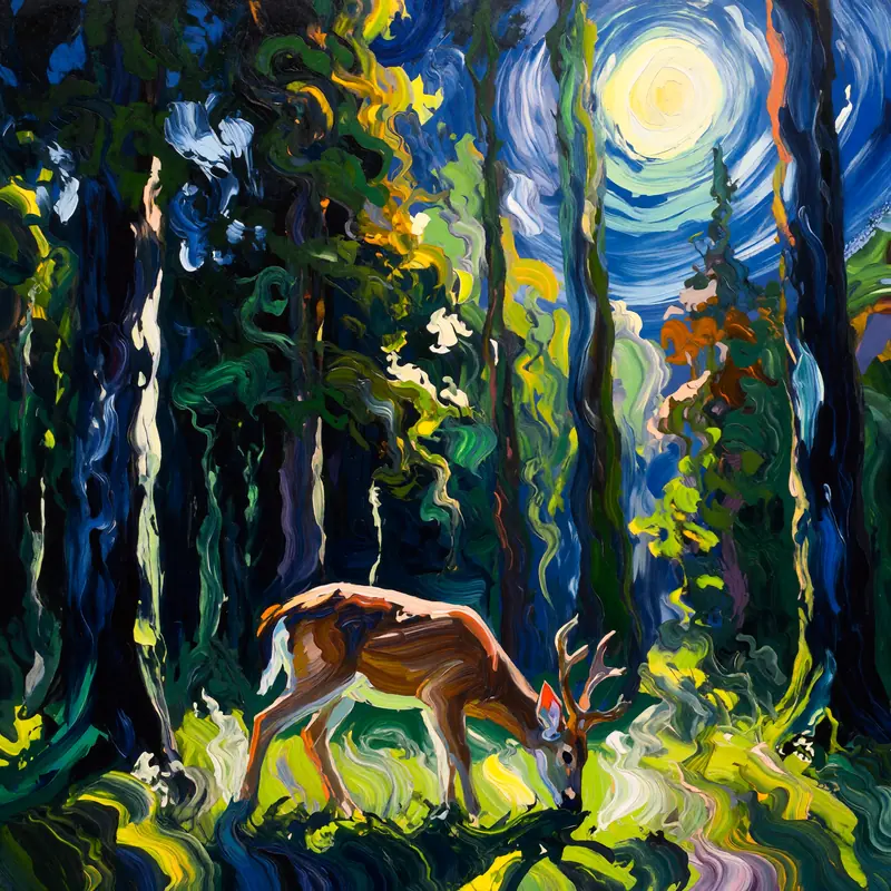 Krea 2 example: A deer grazing in the forest surrounded by dense trees and the sun bright in the sky. Textured abstract style