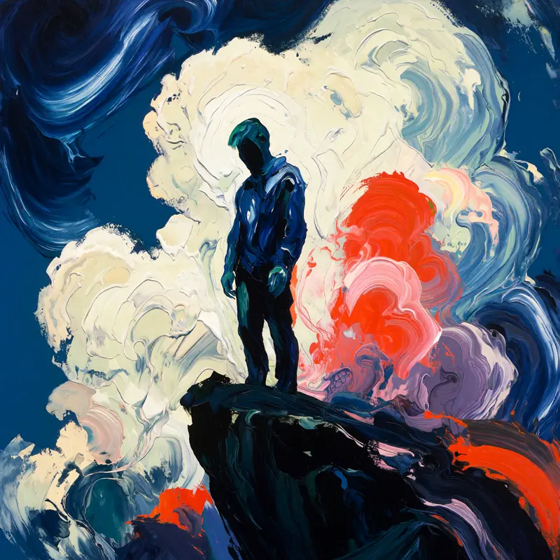 Krea 2 example: A solitary figure stands on a cliff, billowing clouds behind him. Textured abstract style