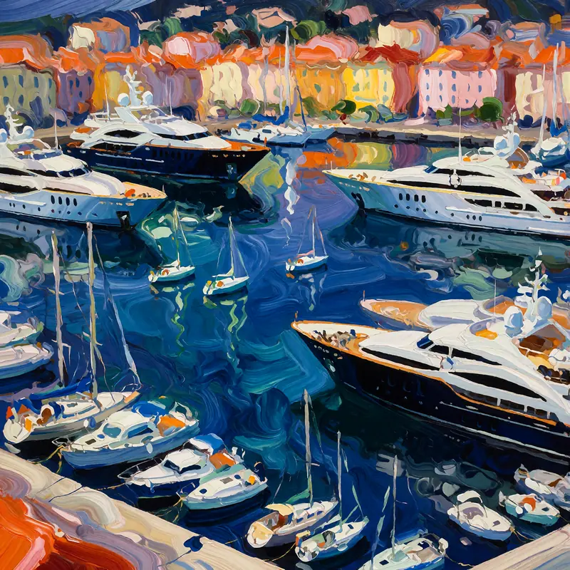 Krea 2 example: the port of antibes in the french riviera, large yachts and small sailboats are visible. Textured abstract style