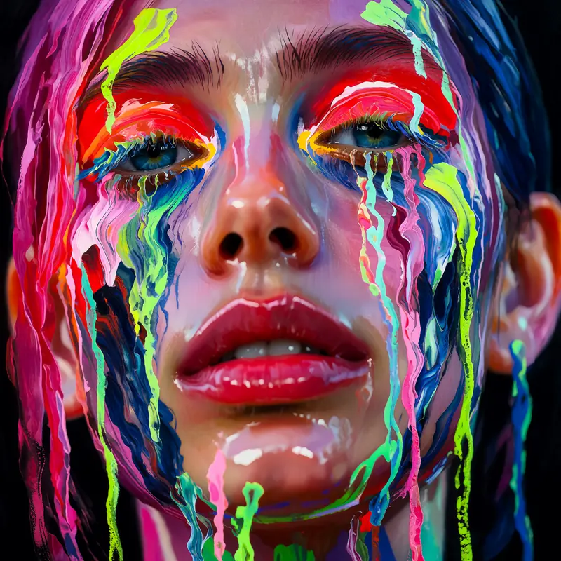 Krea 2 example: A close-up portrait of a woman, glowing neon highlights and vivid paint dripping down her face. Textured abstract style