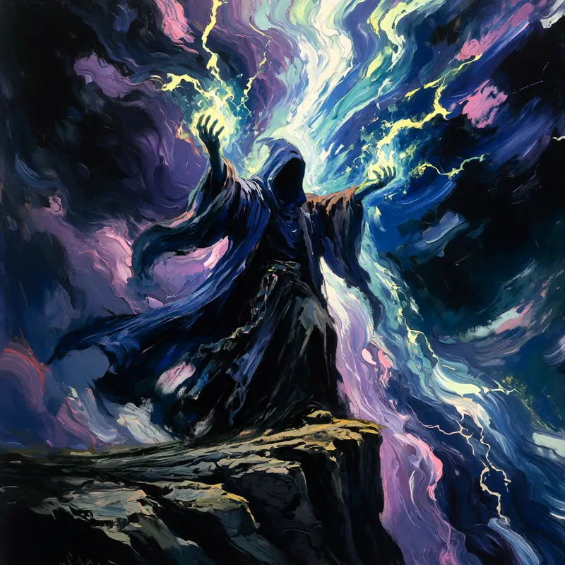 Krea 2 example: A sorcerer in flowing midnight robes stands atop a cliff edge, arms raised as crackling energy gathers between his palms