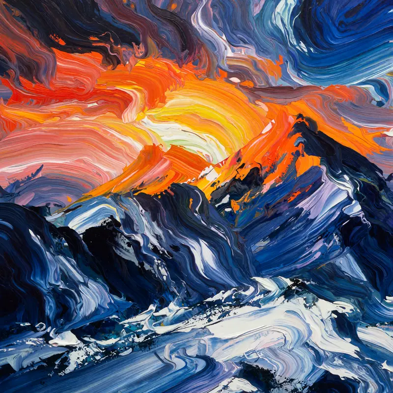 Krea 2 example: A sunset over snowy mountains. Textured abstract style