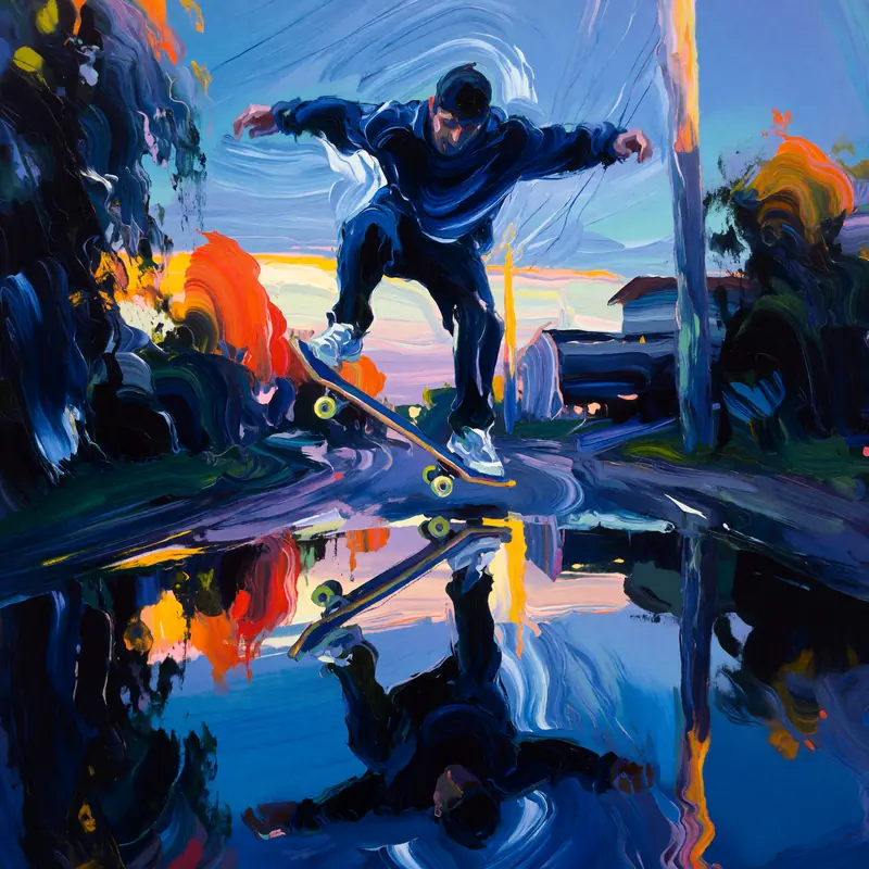 Krea 2 example: A skateboarder doing a kickflip at blue hour, a puddle reflects the skateboarder. Textured abstract style