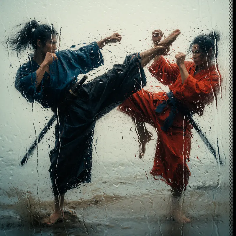 Krea 2 example: two samurais in flowing robes doing a muay thai fight, one throws a high kick while the other leans back. rainy window s