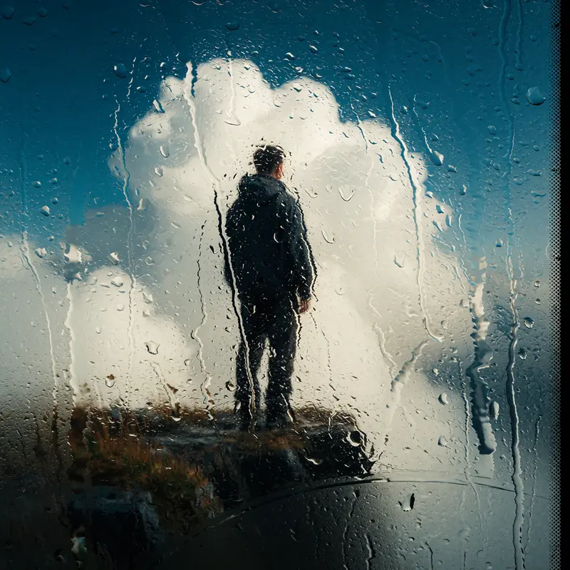 Krea 2 example: A solitary figure stands on a cliff, billowing clouds behind him. rainy window style