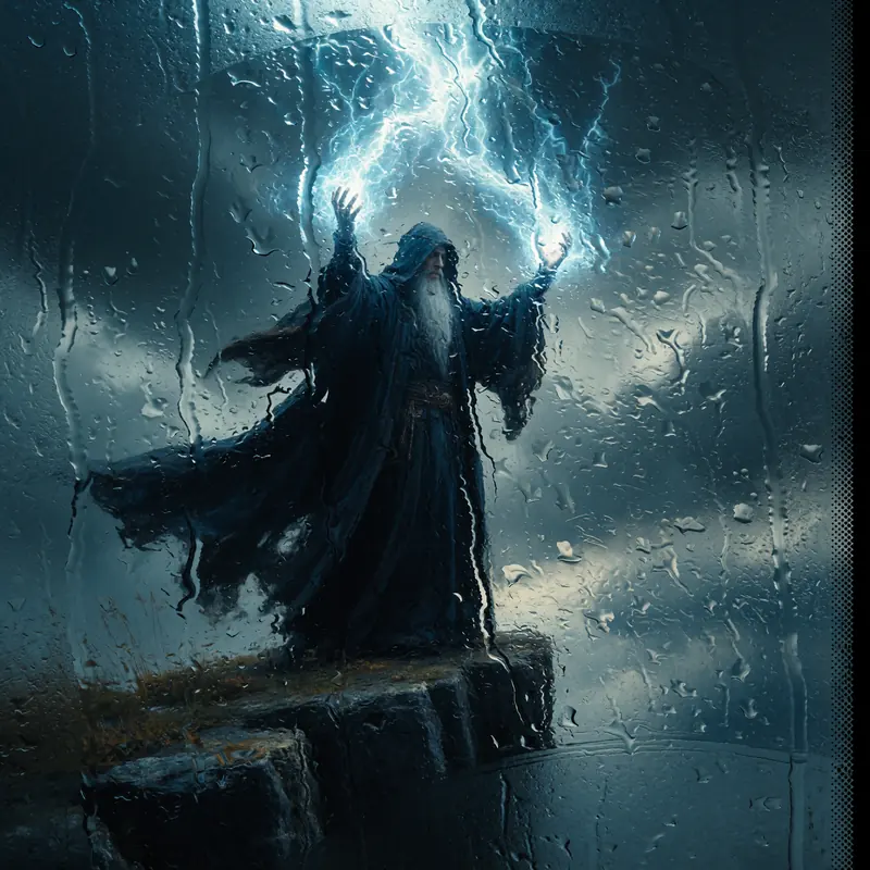 Krea 2 example: A sorcerer in flowing midnight robes stands atop a cliff edge, arms raised as crackling energy gathers between his palms