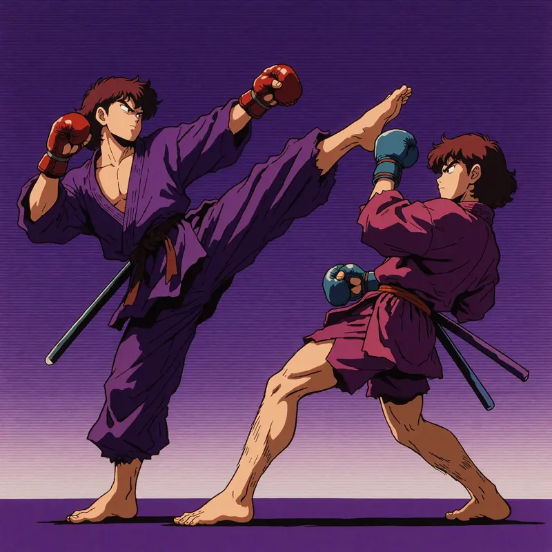 Krea 2 example: two samurais in flowing robes doing a muay thai fight, one throws a high kick while the other leans back. Purple retro a