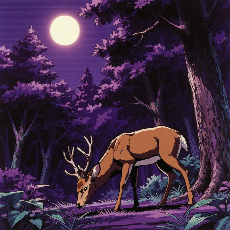 Krea 2 example: A deer grazing in the forest surrounded by dense trees and the sun bright in the sky. Purple retro anime style