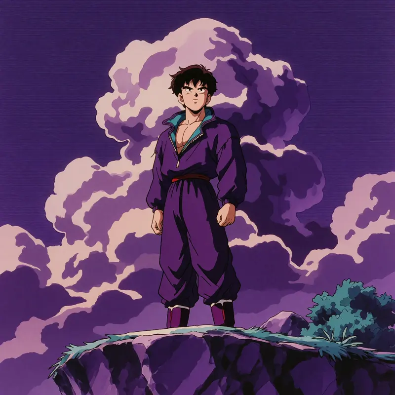 Krea 2 example: A solitary figure stands on a cliff, billowing clouds behind him. Purple retro anime style