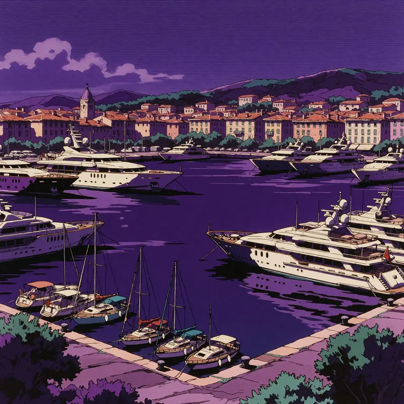 Krea 2 example: the port of antibes in the french riviera, large yachts and small sailboats are visible. Purple retro anime style