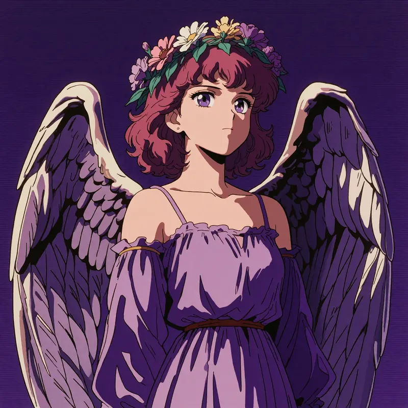 Krea 2 example: an angel with metallic wings and a crown of flowers. Purple retro anime style