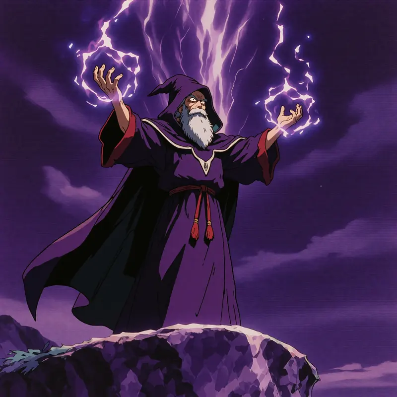 Krea 2 example: A sorcerer in flowing midnight robes stands atop a cliff edge, arms raised as crackling energy gathers between his palms