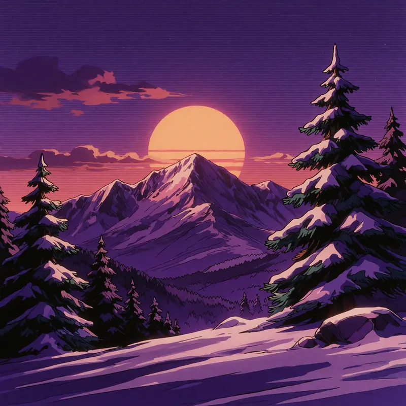Krea 2 example: A sunset over snowy mountains. Purple retro anime style
