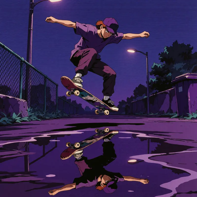 Krea 2 example: A skateboarder doing a kickflip at blue hour, a puddle reflects the skateboarder. Purple retro anime style