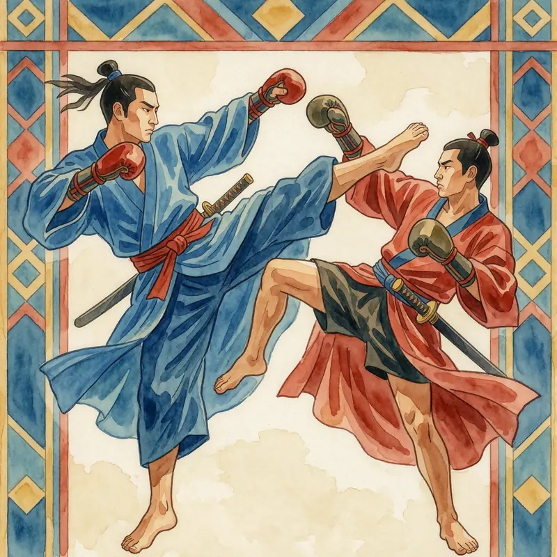 Krea 2 example: two samurais in flowing robes doing a muay thai fight, one throws a high kick while the other leans back. Art Deco water