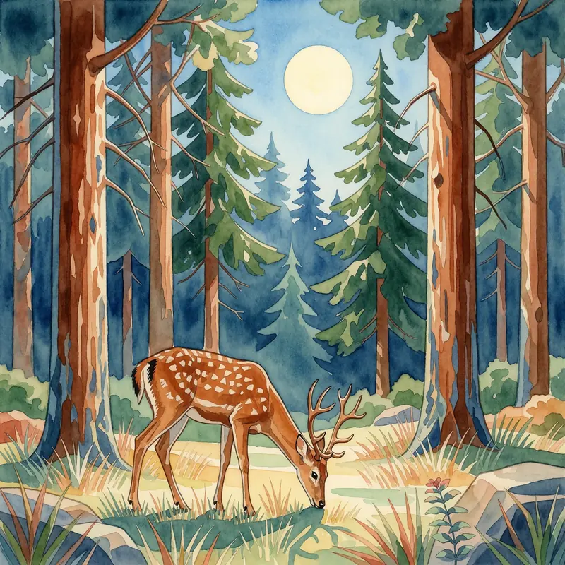 Krea 2 example: A deer grazing in the forest surrounded by dense trees and the sun bright in the sky. Art Deco watercolor style