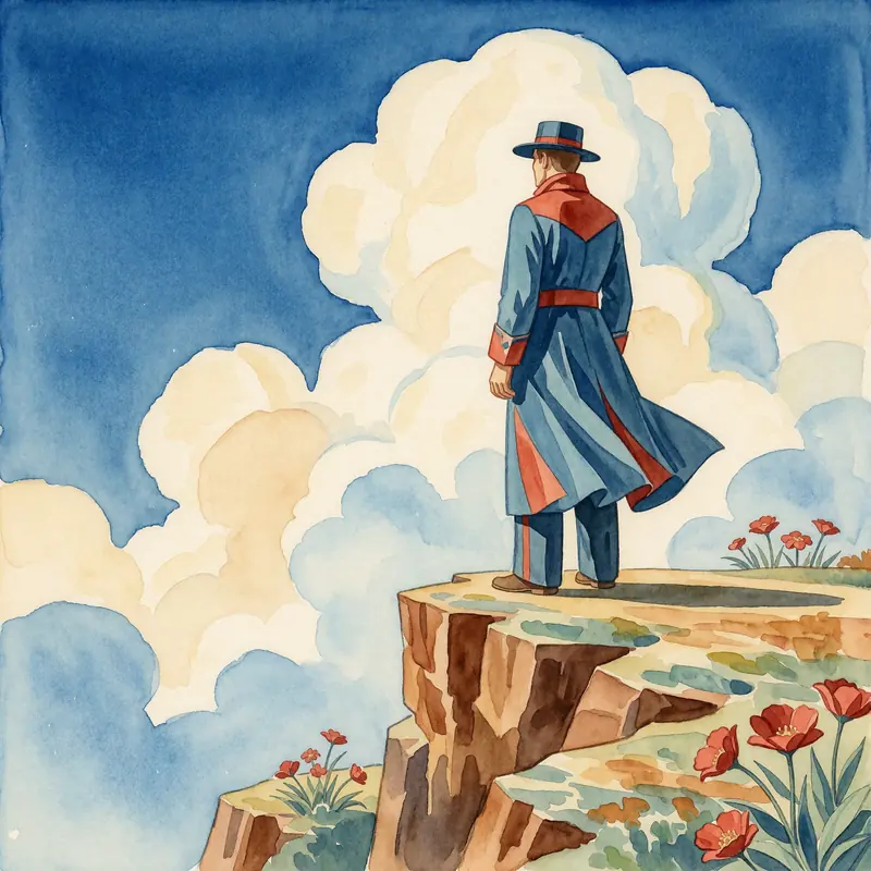 Krea 2 example: A solitary figure stands on a cliff, billowing clouds behind him. Art Deco watercolor style