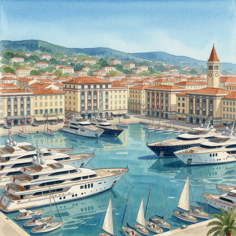 Krea 2 example: the port of antibes in the french riviera, large yachts and small sailboats are visible. Art Deco watercolor style