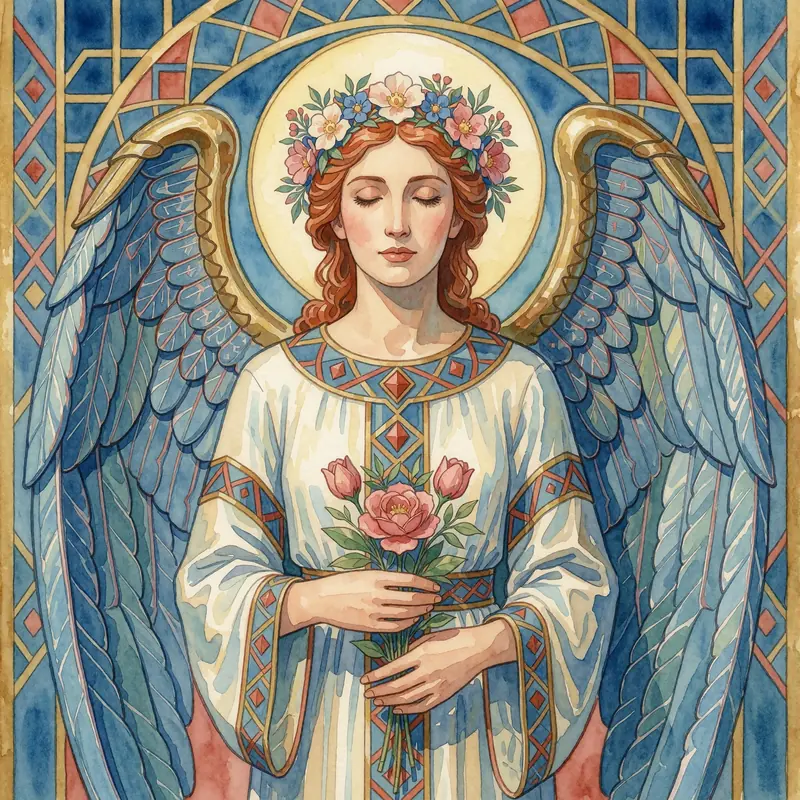 Krea 2 example: an angel with metallic wings and a crown of flowers. Art Deco watercolor style