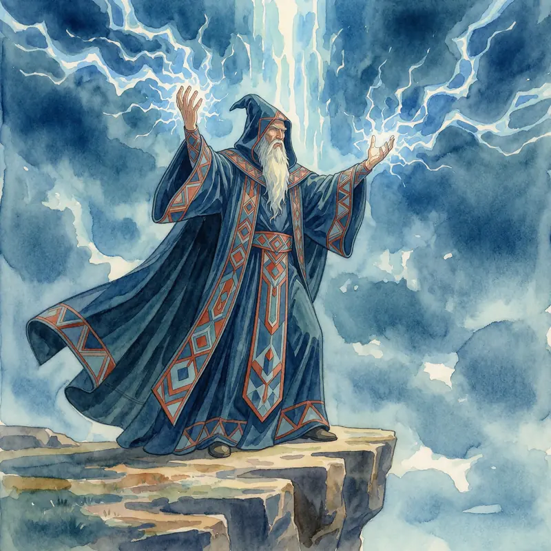Krea 2 example: A sorcerer in flowing midnight robes stands atop a cliff edge, arms raised as crackling energy gathers between his palms
