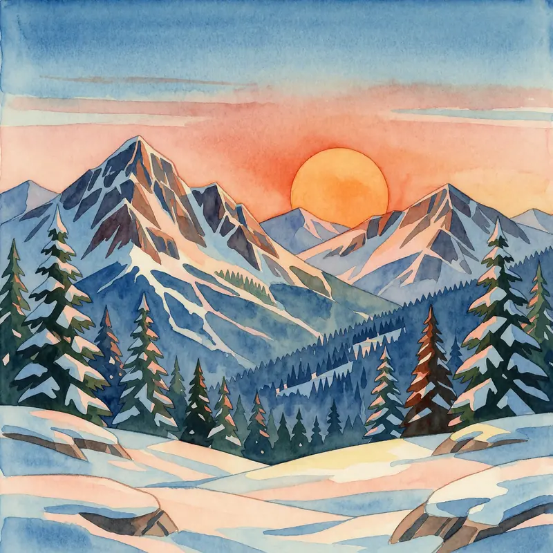 Krea 2 example: A sunset over snowy mountains. Art Deco watercolor style