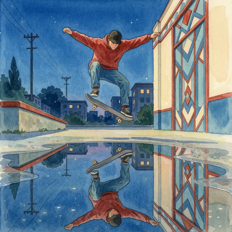 Krea 2 example: A skateboarder doing a kickflip at blue hour, a puddle reflects the skateboarder. Art Deco watercolor style