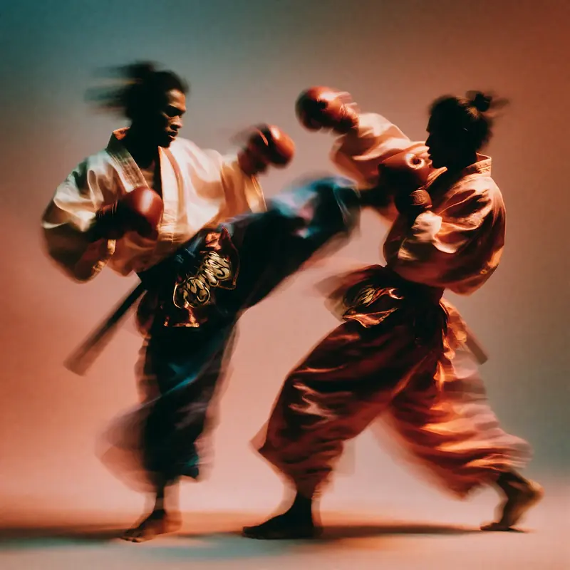 Krea 2 example: two samurais in flowing robes doing a muay thai fight, one throws a high kick while the other leans back. ethereal motio