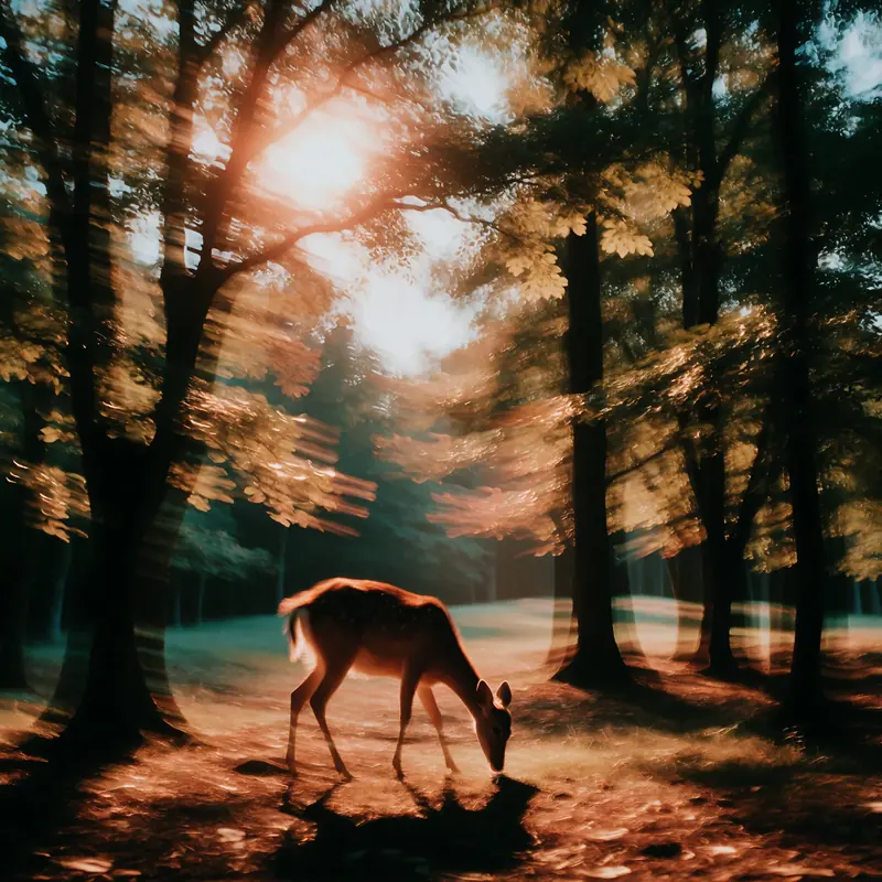 Krea 2 example: A deer grazing in the forest surrounded by dense trees and the sun bright in the sky. ethereal motion blur style