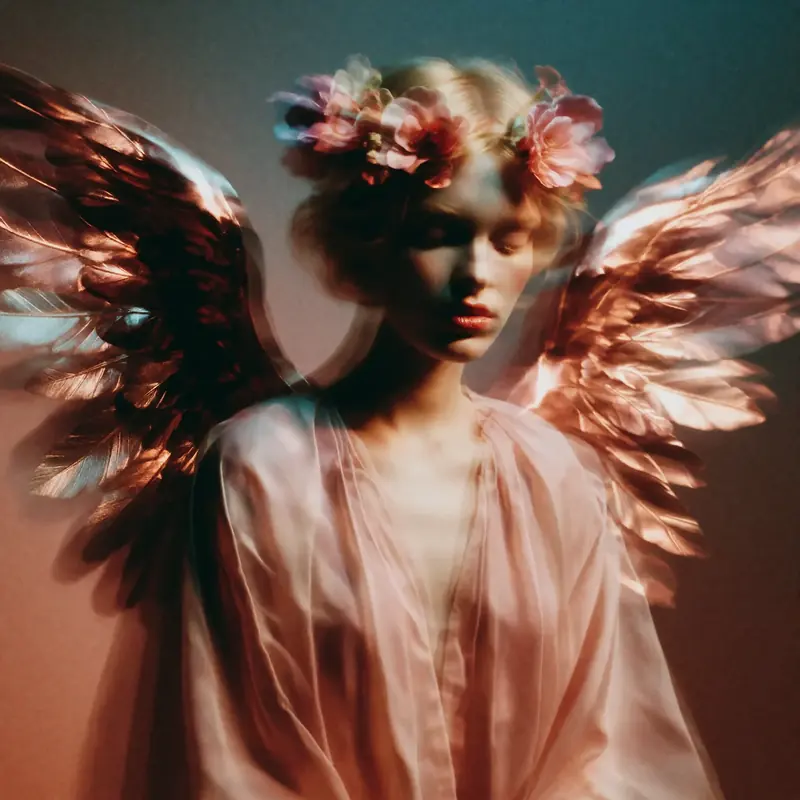 Krea 2 example: an angel with metallic wings and a crown of flowers. ethereal motion blur style
