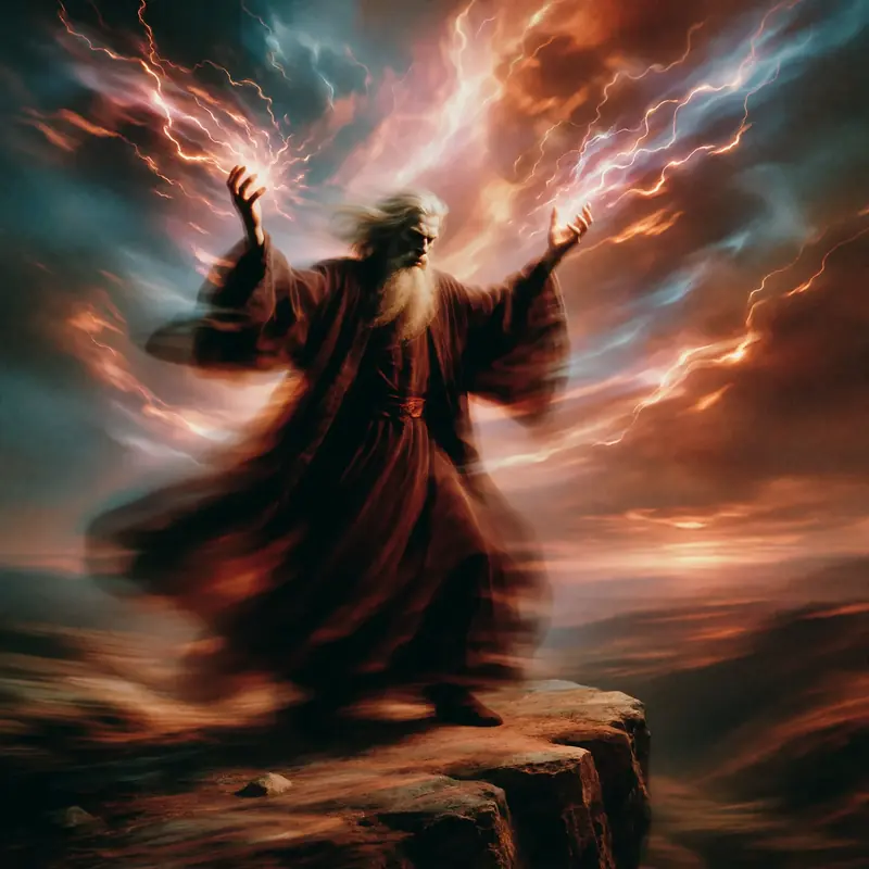 Krea 2 example: A sorcerer in flowing midnight robes stands atop a cliff edge, arms raised as crackling energy gathers between his palms
