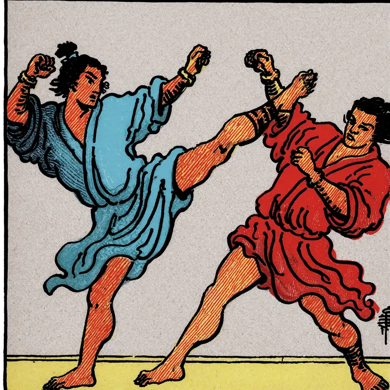 Krea 2 example: two samurais in flowing robes doing a muay thai fight, one throws a high kick while the other leans back. vintage tarot