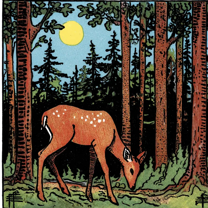 Krea 2 example: A deer grazing in the forest surrounded by dense trees and the sun bright in the sky. vintage tarot style