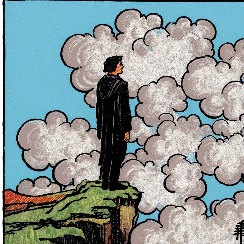 Krea 2 example: A solitary figure stands on a cliff, billowing clouds behind him. vintage tarot style
